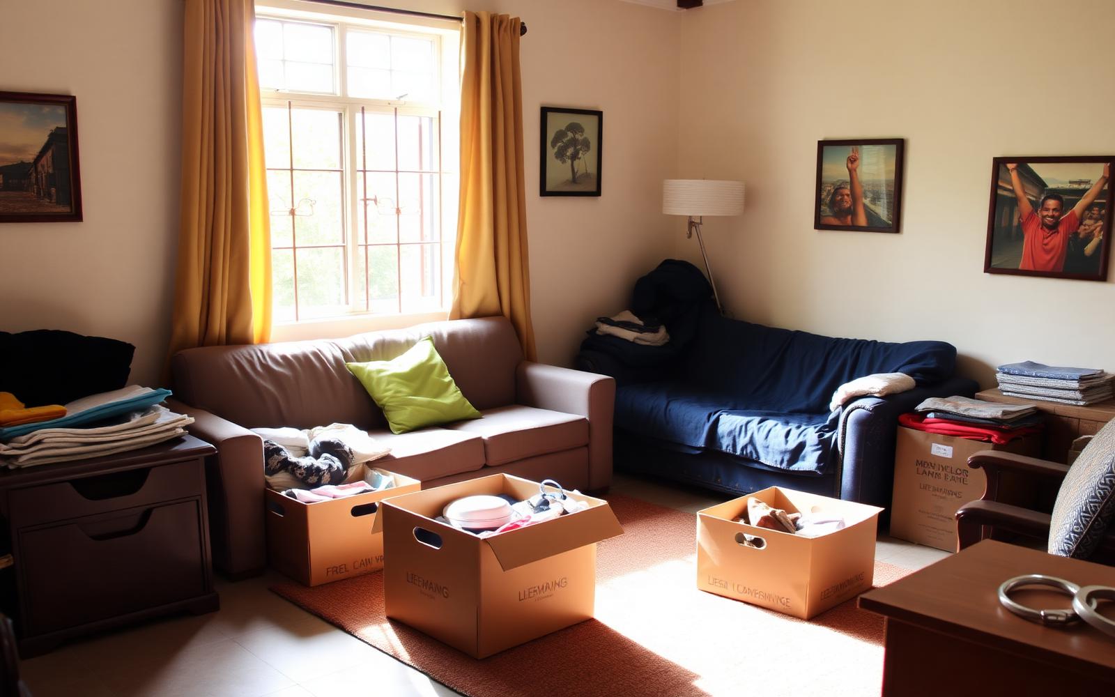 A sorted living room with boxes of items ready to be sold, donated and rehomed